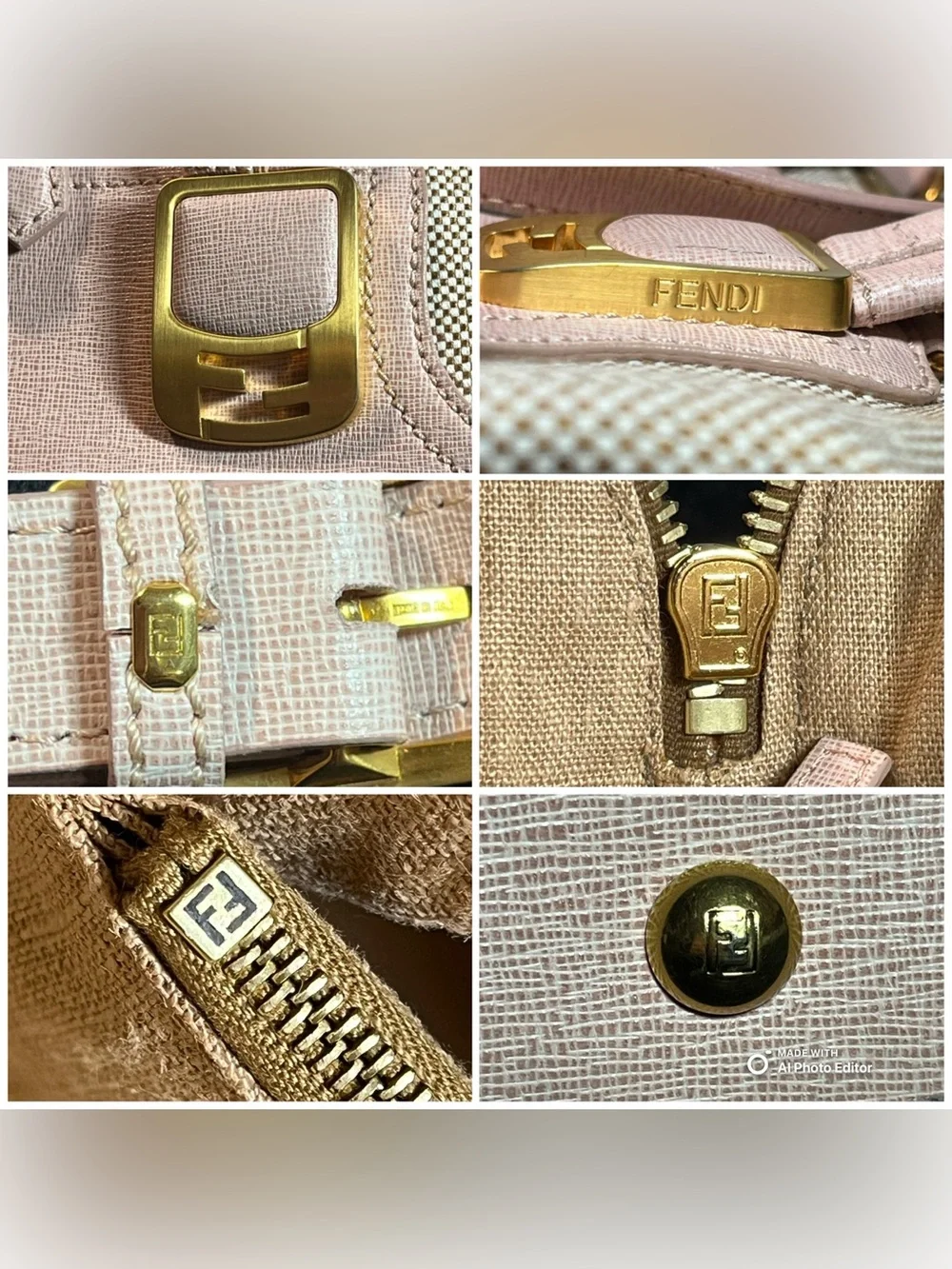Fendi Chameleon Large Tote Bag 8BL114 Pink Leather Beige Canvas 2-Way Satchel